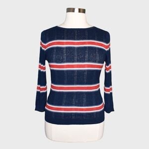 Chaps Petites Linen Cotton Ribbed Knit Mixed Stripe Boat Neck Top